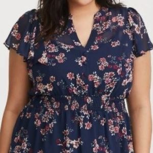 TORRID Sheer Blue Floral Ruffle Top 2X 18/20